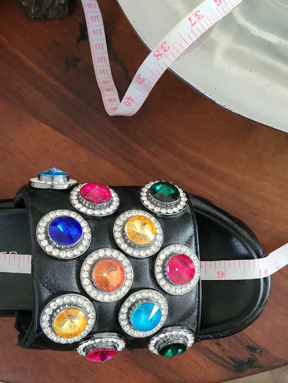 Kurt Geiger Black Quilted Slide Sandals with Colorful Jewel Embellishments - Picture 8 of 12